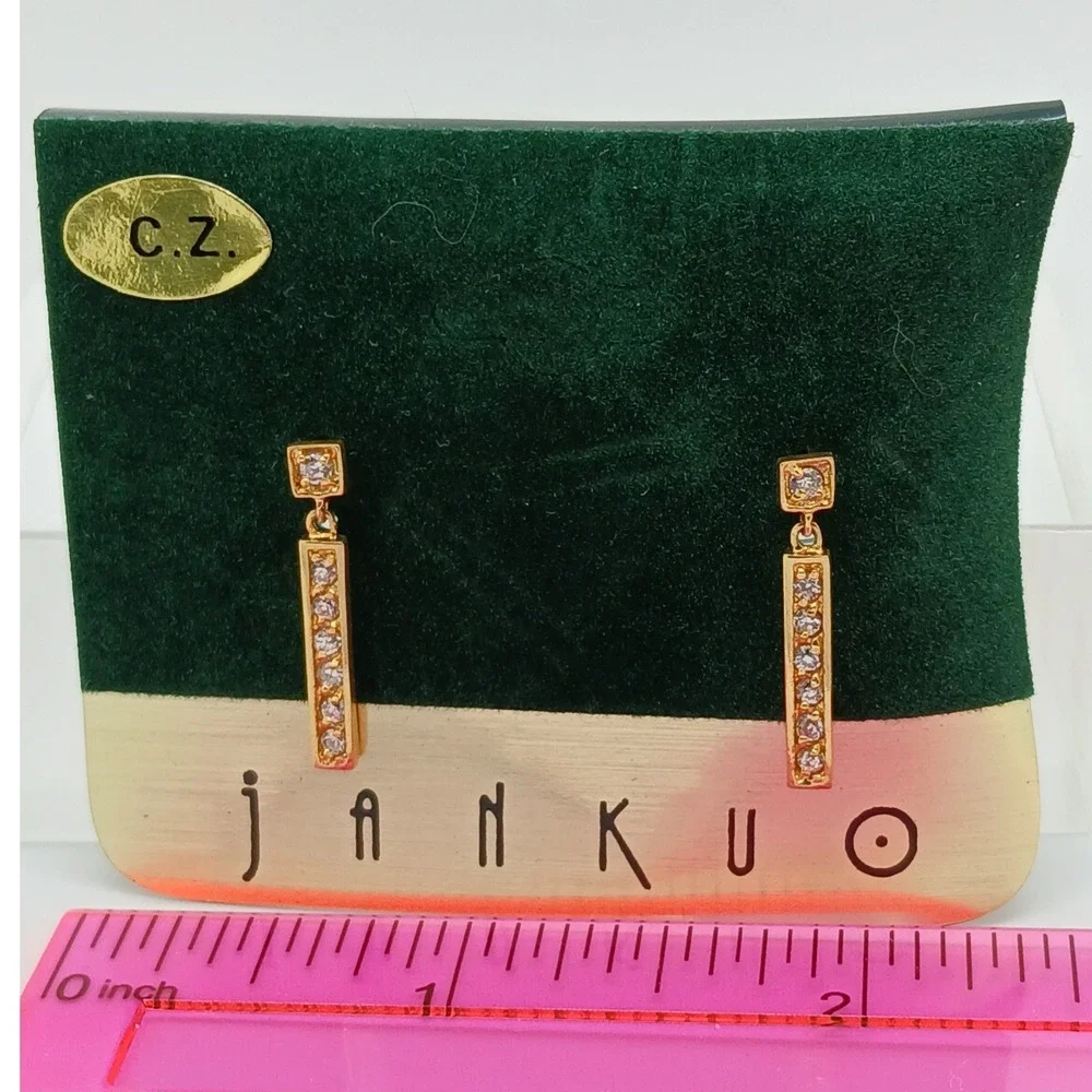 JANKUO Vintage 1990s Gold Tone Cubic Zirconia CZ Bar Drop Earrings Rare New - Picture 4 of 16